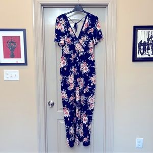 Navy Pink Floral Faux Wrap Jumpsuit